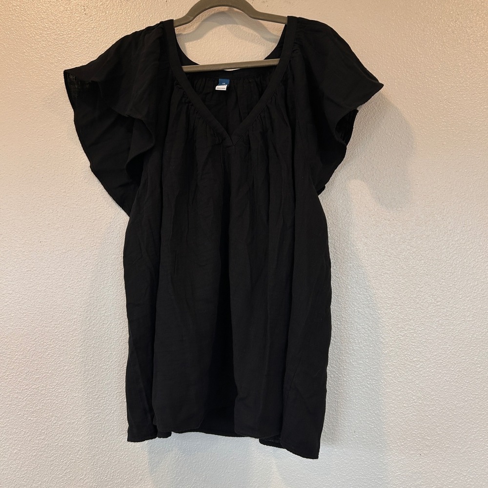 Old Navy Womens 3X Black Cotton Gauze Flutter Sleeve V-Neck Relaxed Blouse Top